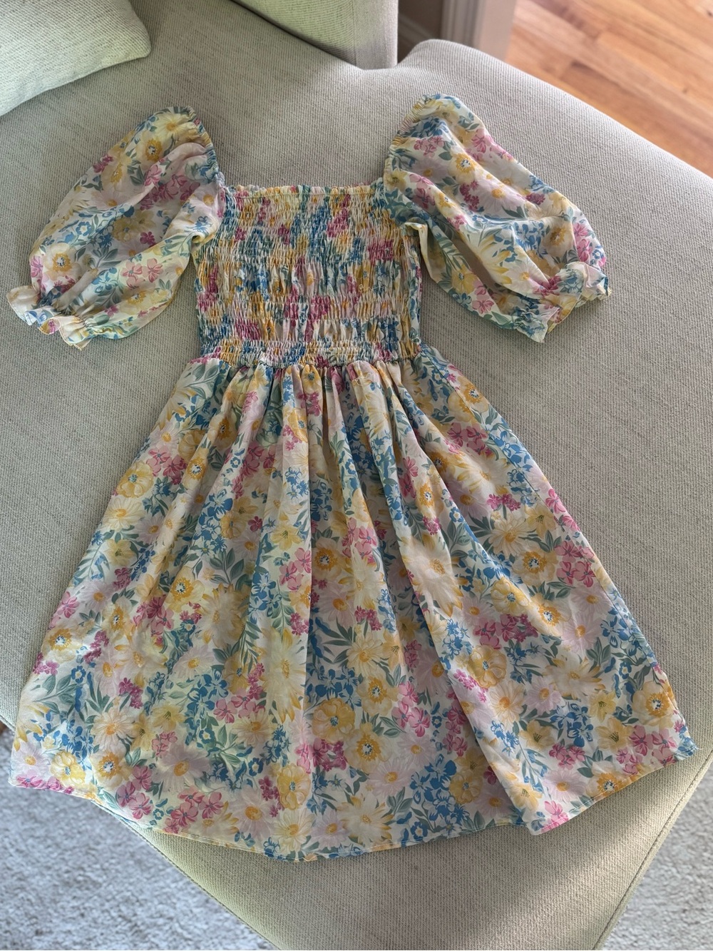 Local European Floral Puff Sleeve Mini Dress - Yellow, Pink & Blue